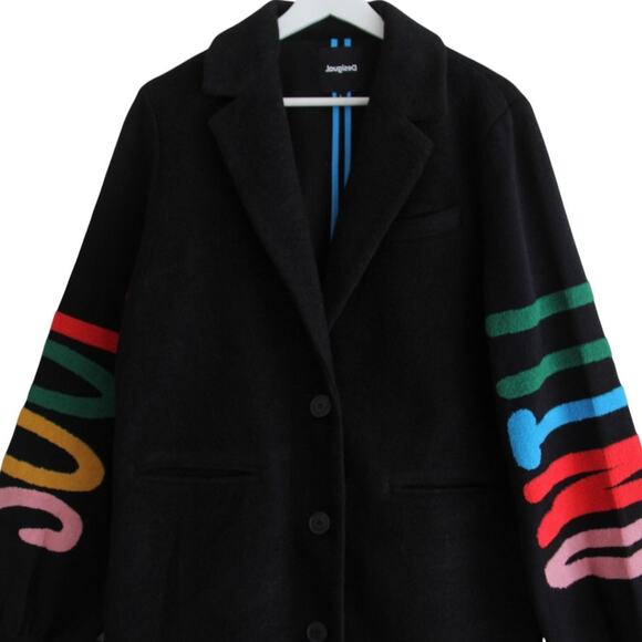 Desigual Estonia Coat Colorful Lettering Sleeves Wool Black Large - Picture 6 of 15